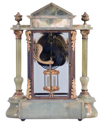 Ansonia Clock Co., New York, "Gonfalon", 8 day, time and strike, spring brass movement crystal regulator mantel clock.