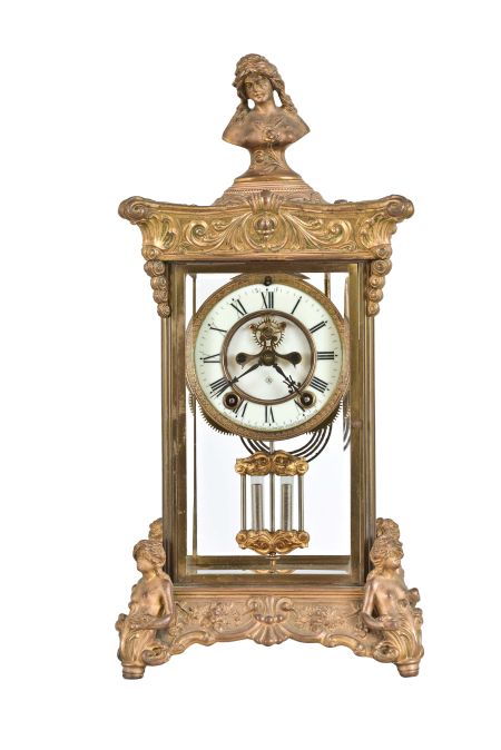 Ansonia Clock Co., New York, "Renaissance", day, time and strike, spring brass movement crystal regulator mantel clock.