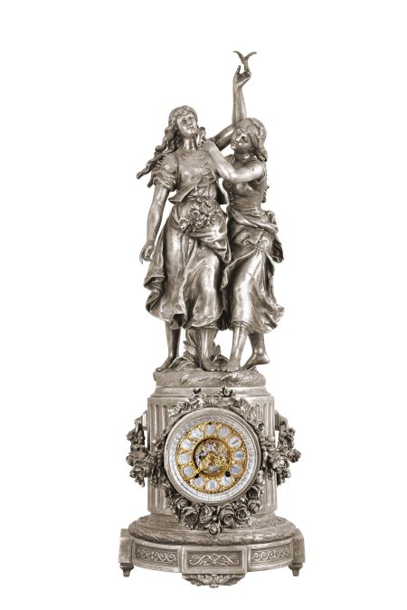 Ansonia Clock Co., New York, "Florida, with Group No. 1090", 8 day, time and strike, spring brass movement figural mantel clock.