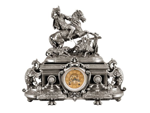 Ansonia Clock Co., New York, "Eureka and Group No. 1121 the Boar Hunter", 8 day, time and strike, spring brass movement mantel clock.