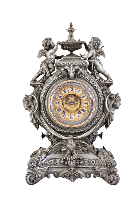 Ansonia Clock Co., New York, "Lydia", 8 day, time and strike, spring brass movement metal case figural mantel clock.