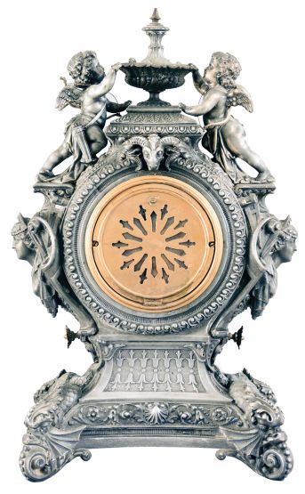 Ansonia Clock Co., New York, "Lydia", 8 day, time and strike, spring brass movement metal case figural mantel clock.