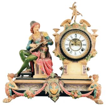 Ansonia Clock Co., New York, "Bard" figural mantel clock, 8 day, time and strike, spring driven movement with visible brocot escapement in a spelter case on an enameled cast iron base, white enamel dial with Roman numerals.