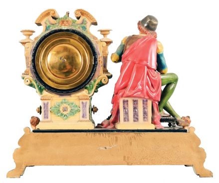 Ansonia Clock Co., New York, "Bard" figural mantel clock, 8 day, time and strike, spring driven movement with visible brocot escapement in a spelter case on an enameled cast iron base, white enamel dial with Roman numerals.