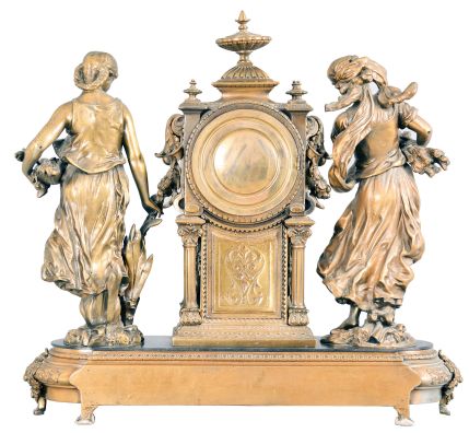 Ansonia Clock Co., New York, "Summer and Winter" 8 day, time and strike, spring brass movement figural mantel clock.
