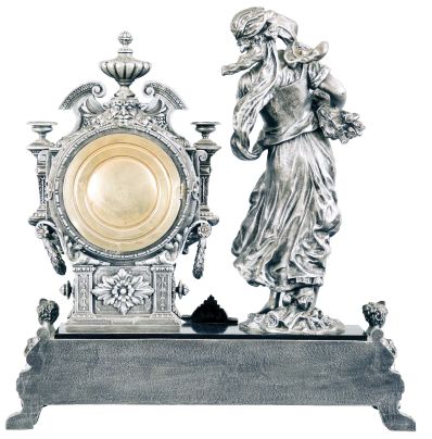 Ansonia Clock Co., New York, "Winter", 8 day, time and strike metal case figural mantel clock.