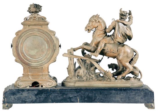 Ansonia Clock Co., New York, "Boar Hunter", 8 day, time and strike, spring brass movement mantel clock