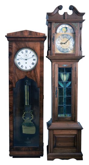 2 (Two) Modern: (1) Colonial Clock Co., Zeeland, MI, reproduction pinwheel jeweler