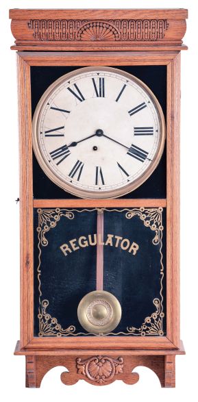 Clocks- 3 (Three) American wall clocks, 8 day, spring driven in oak cases: (1) Wm. L. Gilbert Clock Co. school house, time and strike; (2) Sessions Clock Co., store regulator, time only with calendar; (3) E. Ingraham & Co., store regulator, time only