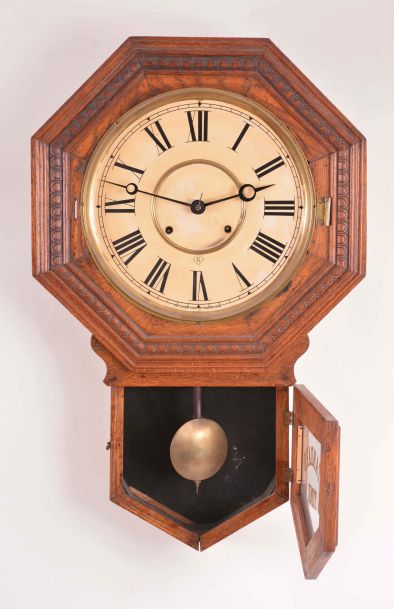 Clocks- 3 (Three) American wall clocks, 8 day, spring driven in oak cases: (1) Wm. L. Gilbert Clock Co. school house, time and strike; (2) Sessions Clock Co., store regulator, time only with calendar; (3) E. Ingraham & Co., store regulator, time only