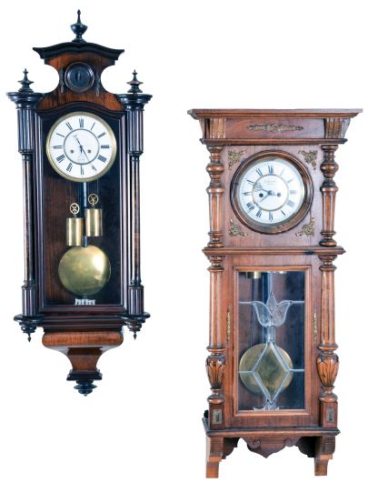 Clocks- 2 (Two) Vienna Regulator, 8 day, double brass weight driven, time and strike: (1) E. Bernstein, Oderberg, walnut case; (2) Unsigned, rosewood grained