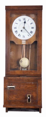 The Gledhill-Brook Time Recorders Ltd., Huddersfield Halifax, London, Birmingham, time recorder punch wall clock, 8 day, time only, spring driven movement in an oak case with painted metal dial including punch card holder