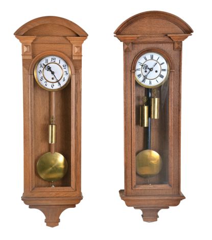 Clocks- 4 (Four) European wall clocks: (1) Fl. Heike? Goriz, Germany R/A spring driven in a walnut case; (2) French baker