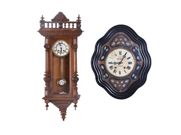 Clocks- 4 (Four) European wall clocks: (1) Fl. Heike? Goriz, Germany R/A spring driven in a walnut case; (2) French baker