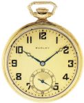 Dudley Watch Co., Lancaster, Penn., model 2 masonic pocket watch, 12 size, 19 jewels, stem wind and set nickel plate movement, with lever escapement and cut bimetallic balance, the gilt cocks and bridges in the form of various masonic symbols, in a yellow gold filled, hinged back and snap bezel open face case, with glazed cuvette, Arabic numeral, single sunk metal dial, blued steel hands, serial #2421, 45mm, c1925.