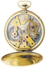 Dudley Watch Co., Lancaster, Penn., model 2 masonic pocket watch, 12 size, 19 jewels, stem wind and set nickel plate movement, with lever escapement and cut bimetallic balance, the gilt cocks and bridges in the form of various masonic symbols, in a yellow gold filled, hinged back and snap bezel open face case, with glazed cuvette, Arabic numeral, single sunk metal dial, blued steel hands, serial #2421, 45mm, c1925.