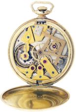 Dudley Watch Co., Lancaster, Penn., model 2 masonic pocket watch, 12 size, 19 jewels, stem wind and set nickel plate movement, with lever escapement and cut bimetallic balance, the gilt cocks and bridges in the form of various masonic symbols, in a yellow gold filled, hinged back and snap bezel open face case, with glazed cuvette, Arabic numeral, single sunk metal dial, blued steel hands, serial #2421, 45mm, c1925.