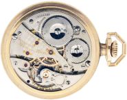 American Waltham Watch Co.,Waltham, Mass., model 1908 "Vanguard" with wind indicator, 16 size, 23 jewels, stem wind and lever set, damascened nickel plate movement with lever escapement, diamond endstone, cut bimetallic balance, gold jewel settings, gold timing screws and Ohlson micrometric regulator in a yellow gold filled, screw back and bezel, reeded edge, engine turned open face case and Montgomery Arabic numeral, triple sunk white enamel dial, blued steel spade and whip hands, serial #19064389, c1915.