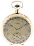 Illinois Watch Co., Springfield, Illinois, "Franklin", 12 size, 17 jewels, stem wind and set, damascened nickel plate movement with lever escapement, cut bimetallic balance and whiplash micrometric regulator, in a 14 karat, yellow gold, hinged back and bezel open face case with enamel monogram on back, and Arabic numeral metal dial, blued steel spade and whip hands, serial #3180062, 59g TW, c1920.