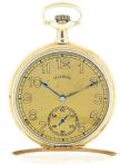 Illinois Watch Co., Springfield, Illinois, "Franklin", 12 size, 17 jewels, stem wind and set, damascened nickel plate movement with lever escapement, cut bimetallic balance and whiplash micrometric regulator, in a 14 karat, yellow gold, hinged back and bezel open face case with enamel monogram on back, and Arabic numeral metal dial, blued steel spade and whip hands, serial #3180062, 59g TW, c1920.