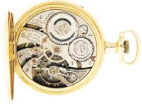 Illinois Watch Co., Springfield, Illinois, "Franklin", 12 size, 17 jewels, stem wind and set, damascened nickel plate movement with lever escapement, cut bimetallic balance and whiplash micrometric regulator, in a 14 karat, yellow gold, hinged back and bezel open face case with enamel monogram on back, and Arabic numeral metal dial, blued steel spade and whip hands, serial #3180062, 59g TW, c1920.