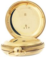 Illinois Watch Co., Springfield, Illinois, a private label, gold pocket watch 18 size, 15 jewels, key wind and set, damascened nickel plate movement, with lever escapement, marked "Governor Boston", in a 14 karat, yellow gold, hinged back and bezel, reeded edge, engine turned open face case, Roman numeral, double sunk white enamel dial, blued steel tulip hands, serial #210434, 123.3g TW, c1880.