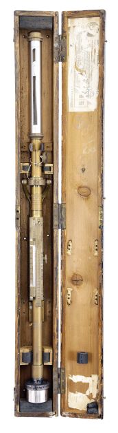 Negretti & Zambra, London, "Marine Barometer Mk. 2", mercury barometer with a brass main tube, correction scales for "Height Above Water Line", weighted base, gimbal mounted in a wood case.
