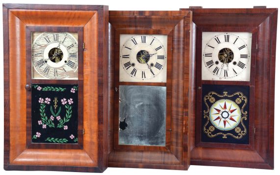 Clocks- 8 (Eight): (1) H. Welton & Co., Terrysville, Conn., 30 hour, time and strike, weight brass movement OG shelf clock, c1840; (2) J. J. & W. Beals, Boston, Mass., 30 hour, time and strike, weight brass movement OG shelf clock, c1850. (3) J. (Joel) Lane, Southington, Conn., 30 hour, time and strike, weight brass movement OG shelf clock, c1845. (4) E. N. Welch Mfg. Co., Forestville, Conn., 30 hour, time and strike, weight brass movement OG shelf clock, c1860. (5) Wm.L. Gilbert Clock, Winsted, Conn., 30 hour, time and strike, weight brass movement OG shelf clock, c1860. (6) Seth Thomas Clock Co., Thomaston, Conn., 30 hour, time, strike and alarm weight brass movement OG shelf clock, c1870. (7) Seth Thomas Clock Co., Thomaston, Conn., 30 hour, time and strike, weight brass movement OG shelf clock, c1870 (8) New Haven Clock Co., New Haven, Conn., 30 hour, time and strike, weight brass movement OG shelf clock, c1855.