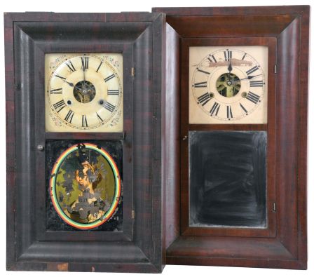 Clocks- 8 (Eight): (1) H. Welton & Co., Terrysville, Conn., 30 hour, time and strike, weight brass movement OG shelf clock, c1840; (2) J. J. & W. Beals, Boston, Mass., 30 hour, time and strike, weight brass movement OG shelf clock, c1850. (3) J. (Joel) Lane, Southington, Conn., 30 hour, time and strike, weight brass movement OG shelf clock, c1845. (4) E. N. Welch Mfg. Co., Forestville, Conn., 30 hour, time and strike, weight brass movement OG shelf clock, c1860. (5) Wm.L. Gilbert Clock, Winsted, Conn., 30 hour, time and strike, weight brass movement OG shelf clock, c1860. (6) Seth Thomas Clock Co., Thomaston, Conn., 30 hour, time, strike and alarm weight brass movement OG shelf clock, c1870. (7) Seth Thomas Clock Co., Thomaston, Conn., 30 hour, time and strike, weight brass movement OG shelf clock, c1870 (8) New Haven Clock Co., New Haven, Conn., 30 hour, time and strike, weight brass movement OG shelf clock, c1855.