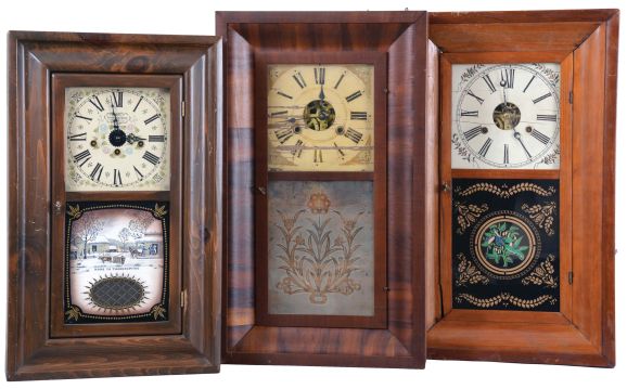 Clocks- 8 (Eight): (1) Charles Stratton, Worcester, Mass., 30 hour, time and strike, weight brass movement OG shelf clock, c1842; (2) E. N. Welch Mfg. Co., Forestville, Conn., 30 hour, time and strike, weight brass movement OG shelf clock, c1860 (3) New England Clock Co., Farmington, Conn., 8 day, time and strike brass lever movement Westminster chime OG shelf clock, c1980. (4) C. Boardman, Bristol, Conn., 30 hour, time and strike, weight brass movement OG shelf clock, c1845. (5) Ansonia Clock Co., Ansonia, Conn., 30 hour, time and strike, weight brass movement OG shelf clock, c1860 (6) J. C. Brown, Forestville, Conn., 8 day, time and strike, weight brass movement OG shelf clock, c1850 (7) M. Welton