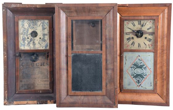 Clocks- 8 (Eight): (1) Union Manufacturing Co., Bristol, Conn., 30 hour, time and strike, weight brass movement OG shelf clock, c1850; (2) New Haven Clock Co., New Haven, Conn., 30 hour, time and strike, weight brass movement OG shelf clock, c1870. (3) Sperry & Shaw, New York, 30 hour, time and strike, weight brass movement OG shelf clock, c1845. (4) Chauncey Boardman, Bristol, Conn., 30 hour, time and strike, weight brass movement OG shelf clock, c1850 (5) Seth Thomas Clock Co., Thomaston, Conn., 8 day, time and strike, weight brass movement OG shelf clock, c1870. (6) Ansonia Brass Co., Ansonia, Conn., 8 day, time, strike and alarm weight brass movement OG shelf clock, c1860. (7) Smith Brothers, New York, 30 hour, time and strike, weight brass movement OG shelf clock, c1850 (8) Terry & Andrews, Bristol, Conn., 30 hour, time and strike, weight brass movement OG shelf clock, c1850