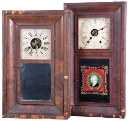 Clocks- 8 (Eight): (1) Union Manufacturing Co., Bristol, Conn., 30 hour, time and strike, weight brass movement OG shelf clock, c1850; (2) New Haven Clock Co., New Haven, Conn., 30 hour, time and strike, weight brass movement OG shelf clock, c1870. (3) Sperry & Shaw, New York, 30 hour, time and strike, weight brass movement OG shelf clock, c1845. (4) Chauncey Boardman, Bristol, Conn., 30 hour, time and strike, weight brass movement OG shelf clock, c1850 (5) Seth Thomas Clock Co., Thomaston, Conn., 8 day, time and strike, weight brass movement OG shelf clock, c1870. (6) Ansonia Brass Co., Ansonia, Conn., 8 day, time, strike and alarm weight brass movement OG shelf clock, c1860. (7) Smith Brothers, New York, 30 hour, time and strike, weight brass movement OG shelf clock, c1850 (8) Terry & Andrews, Bristol, Conn., 30 hour, time and strike, weight brass movement OG shelf clock, c1850