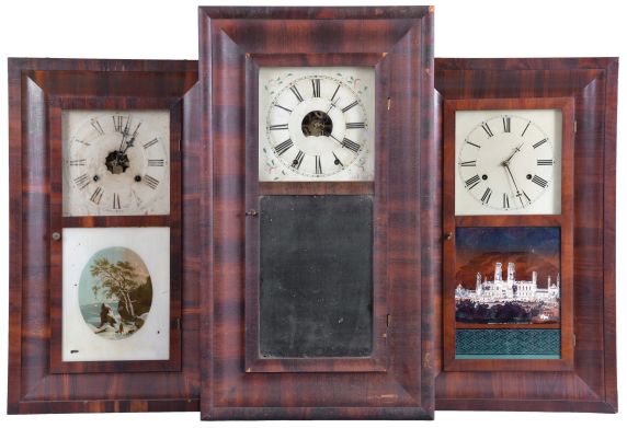 Clocks- 8 (Eight): (1) Forestville Manufacturing Co., Forestville, Conn., 30 hour, time and strike, weight brass movement OG shelf clock, c1850; (2) Ansonia Brass & Copper Co., Ansonia, Conn., 30 hour, time and strike, weight brass movement OG shelf clock, c1870 (3) George Marsh, Winchester, Conn., 30 hour, time and strike, weight brass movement OG shelf clock, c1850 (4) Forestville Clock Co., Forestville, Conn., 30 hour, time, strike and alarm weight brass movement OG shelf clock, c1850 (5) E. & A. Ingraham & Co., Bristol, Conn., 30 hour, time and strike, weight brass movement OG shelf clock, c1852 (6) M. W. Atkins & Co., Bristol, Conn., 8 day, time and strike, weight brass movement OOG shelf clock, c1850 (7) Forestville Clock Co., Forestville, Conn., 30 hour, time, strike and alarm weight brass movement OG shelf clock, c1850 (8) William L. Gilbert Clock Co., Winsted, Conn., 30 hour, time and strike, weight brass movement OG shelf clock, c1870