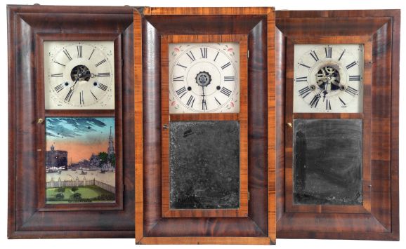 Clocks- 8 (Eight): (1) Forestville Manufacturing Co., Forestville, Conn., 30 hour, time and strike, weight brass movement OG shelf clock, c1850; (2) Ansonia Brass & Copper Co., Ansonia, Conn., 30 hour, time and strike, weight brass movement OG shelf clock, c1870 (3) George Marsh, Winchester, Conn., 30 hour, time and strike, weight brass movement OG shelf clock, c1850 (4) Forestville Clock Co., Forestville, Conn., 30 hour, time, strike and alarm weight brass movement OG shelf clock, c1850 (5) E. & A. Ingraham & Co., Bristol, Conn., 30 hour, time and strike, weight brass movement OG shelf clock, c1852 (6) M. W. Atkins & Co., Bristol, Conn., 8 day, time and strike, weight brass movement OOG shelf clock, c1850 (7) Forestville Clock Co., Forestville, Conn., 30 hour, time, strike and alarm weight brass movement OG shelf clock, c1850 (8) William L. Gilbert Clock Co., Winsted, Conn., 30 hour, time and strike, weight brass movement OG shelf clock, c1870