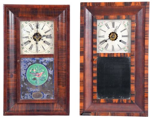 Clocks- 8 (Eight): (1) Forestville Manufacturing Co., Forestville, Conn., 30 hour, time and strike, weight brass movement OG shelf clock, c1850; (2) Ansonia Brass & Copper Co., Ansonia, Conn., 30 hour, time and strike, weight brass movement OG shelf clock, c1870 (3) George Marsh, Winchester, Conn., 30 hour, time and strike, weight brass movement OG shelf clock, c1850 (4) Forestville Clock Co., Forestville, Conn., 30 hour, time, strike and alarm weight brass movement OG shelf clock, c1850 (5) E. & A. Ingraham & Co., Bristol, Conn., 30 hour, time and strike, weight brass movement OG shelf clock, c1852 (6) M. W. Atkins & Co., Bristol, Conn., 8 day, time and strike, weight brass movement OOG shelf clock, c1850 (7) Forestville Clock Co., Forestville, Conn., 30 hour, time, strike and alarm weight brass movement OG shelf clock, c1850 (8) William L. Gilbert Clock Co., Winsted, Conn., 30 hour, time and strike, weight brass movement OG shelf clock, c1870