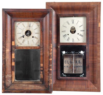 Clocks- 8 (Eight): American Clock Co., (Chauncey Jerome), New York, 30 hour, time and strike, weight brass movement OG shelf clock, c1850; (2) Ansonia Brass Co., Ansonia, Conn., 30 hour, time and strike, weight brass movement OG shelf clock, c1860 (3) Brewster & Co., Bristol, 30 hour, time and strike, weight brass movement OG shelf clock, c1855 (4) George Marsh, Winchester, Conn., 30 hour, time and strike, weight brass movement OG shelf clock, c1850 (5) Ansonia Brass Co., Ansonia, Conn., 30 hour, time and strike, weight brass movement OG shelf clock, c1860 (6) F. C. Andrews, Bristol, Conn., 30 hour, time and strike, weight brass movement OG shelf clock, c1840 (7) Boardman & Wells, Bristol, Conn., 30 hour, time and strike, weight brass movement OG shelf clock, c1840 (8) William L. Gilbert Clock Co., Winsted, Conn., 30 hour, time, strike and alarm weight brass movement OG shelf clock, c1870