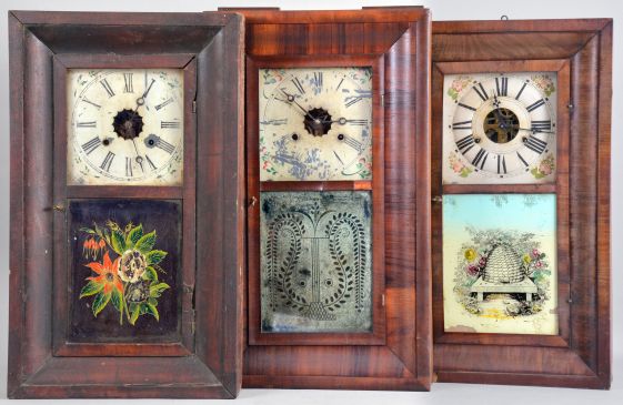 Clocks- 8 (Eight): American Clock Co., (Chauncey Jerome), New York, 30 hour, time and strike, weight brass movement OG shelf clock, c1850; (2) Ansonia Brass Co., Ansonia, Conn., 30 hour, time and strike, weight brass movement OG shelf clock, c1860 (3) Brewster & Co., Bristol, 30 hour, time and strike, weight brass movement OG shelf clock, c1855 (4) George Marsh, Winchester, Conn., 30 hour, time and strike, weight brass movement OG shelf clock, c1850 (5) Ansonia Brass Co., Ansonia, Conn., 30 hour, time and strike, weight brass movement OG shelf clock, c1860 (6) F. C. Andrews, Bristol, Conn., 30 hour, time and strike, weight brass movement OG shelf clock, c1840 (7) Boardman & Wells, Bristol, Conn., 30 hour, time and strike, weight brass movement OG shelf clock, c1840 (8) William L. Gilbert Clock Co., Winsted, Conn., 30 hour, time, strike and alarm weight brass movement OG shelf clock, c1870