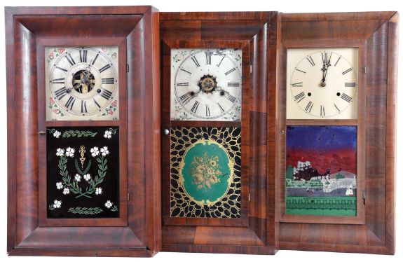 Clocks- 8 (Eight): American Clock Co., (Chauncey Jerome), New York, 30 hour, time and strike, weight brass movement OG shelf clock, c1850; (2) Ansonia Brass Co., Ansonia, Conn., 30 hour, time and strike, weight brass movement OG shelf clock, c1860 (3) Brewster & Co., Bristol, 30 hour, time and strike, weight brass movement OG shelf clock, c1855 (4) George Marsh, Winchester, Conn., 30 hour, time and strike, weight brass movement OG shelf clock, c1850 (5) Ansonia Brass Co., Ansonia, Conn., 30 hour, time and strike, weight brass movement OG shelf clock, c1860 (6) F. C. Andrews, Bristol, Conn., 30 hour, time and strike, weight brass movement OG shelf clock, c1840 (7) Boardman & Wells, Bristol, Conn., 30 hour, time and strike, weight brass movement OG shelf clock, c1840 (8) William L. Gilbert Clock Co., Winsted, Conn., 30 hour, time, strike and alarm weight brass movement OG shelf clock, c1870