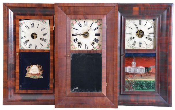 Clocks- 8 (Eight): (1) Henry C. Smith, Plymouth, Conn., 30 hour, time and strike, weight brass movement OG shelf clock, c1840; (2) E. & A. Ingraham, Bristol, Conn., 30 hour, time and strike, weight brass movement OG shelf clock, c1852 (3) W. S. Conant, New York, 30 hour, time and strike, weight wood movement bevel case shelf clock, c1840 (4) John Hunt, Plainville, Conn., 30 hour, time and strike, weight brass movement OG shelf clock, c1840 (5) William S. Johnson, New York, 30 hour, time and strike, weight brass movement OG shelf clock, c1845 (6) Alden A. Atkins, Bristol, Conn., 30 hour, time and strike, weight brass movement OG shelf clock, c1843 (7) Rombach & Shwab, Edinburgh, Scotland, 30 hour, time and strike, weight brass movement OG shelf clock, c1850. (8) J. J. & W. Beals, Boston, Mass., 30 hour, time, strike and alarm weight wood movement OG shelf clock, c1845.