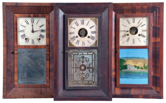 Clocks- 8 (Eight): (1) Henry C. Smith, Plymouth, Conn., 30 hour, time and strike, weight brass movement OG shelf clock, c1840; (2) E. & A. Ingraham, Bristol, Conn., 30 hour, time and strike, weight brass movement OG shelf clock, c1852 (3) W. S. Conant, New York, 30 hour, time and strike, weight wood movement bevel case shelf clock, c1840 (4) John Hunt, Plainville, Conn., 30 hour, time and strike, weight brass movement OG shelf clock, c1840 (5) William S. Johnson, New York, 30 hour, time and strike, weight brass movement OG shelf clock, c1845 (6) Alden A. Atkins, Bristol, Conn., 30 hour, time and strike, weight brass movement OG shelf clock, c1843 (7) Rombach & Shwab, Edinburgh, Scotland, 30 hour, time and strike, weight brass movement OG shelf clock, c1850. (8) J. J. & W. Beals, Boston, Mass., 30 hour, time, strike and alarm weight wood movement OG shelf clock, c1845.