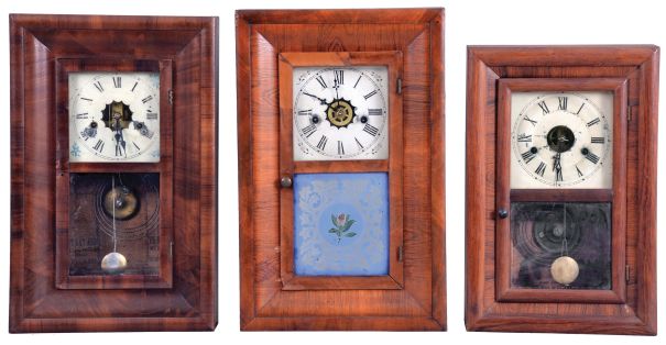 Clocks- 8 (Eight) : (1) Clark, Gilbert & Co.,Bristol, Conn., 30 hour, time and strike, weight brass movement OG shelf clock, c1841; (2) Smith & Brothers, New York, 30 hour, time and strike, weight wood movement OG shelf clock, c1840 (3) Morse & Co., Plymouth Hollow, Conn., 30 hour, time and strike, weight brass movement OG shelf clock, c1855 (4) Hotchkiss & Fields, Burlington, Conn., 30 hour, time and strike, weight brass movement OG shelf clock, c1846 (5) Henry C. Smith, Plymouth, Conn., 30 hour, time and strike, weight wood movement OG shelf clock, c1845 (6) New Haven Clock Co., New Haven, Conn., 30 hour, time and strike, spring brass movement OG shelf clock, c1880 (7) Waterbury Clock Co., Waterbury, Conn., 30 hour, time, strike and alarm spring brass movement OG shelf clock, c1870 (8) Seth Thomas Clock Co., Thomaston, Conn., 30 hour, time and strike, spring brass movement round band shelf clock, c1870