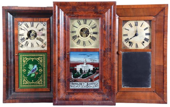 Clocks- 8 (Eight) : (1) Clark, Gilbert & Co.,Bristol, Conn., 30 hour, time and strike, weight brass movement OG shelf clock, c1841; (2) Smith & Brothers, New York, 30 hour, time and strike, weight wood movement OG shelf clock, c1840 (3) Morse & Co., Plymouth Hollow, Conn., 30 hour, time and strike, weight brass movement OG shelf clock, c1855 (4) Hotchkiss & Fields, Burlington, Conn., 30 hour, time and strike, weight brass movement OG shelf clock, c1846 (5) Henry C. Smith, Plymouth, Conn., 30 hour, time and strike, weight wood movement OG shelf clock, c1845 (6) New Haven Clock Co., New Haven, Conn., 30 hour, time and strike, spring brass movement OG shelf clock, c1880 (7) Waterbury Clock Co., Waterbury, Conn., 30 hour, time, strike and alarm spring brass movement OG shelf clock, c1870 (8) Seth Thomas Clock Co., Thomaston, Conn., 30 hour, time and strike, spring brass movement round band shelf clock, c1870