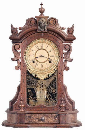 Ansonia Clock Co., New York, "Monarch", 8 day, time and strike, spring brass movement shelf clock.