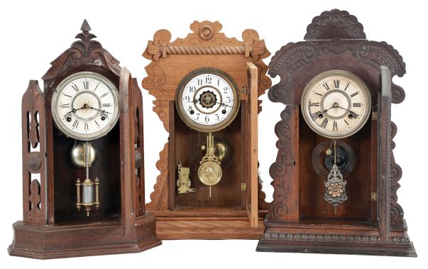 Clocks- 3 (Three): (1) William L. Gilbert Clock Co., Winsted, Conn., "Turret", 8 day, time and strike, spring brass movement shelf clock, c1881 (2) Waterbury Clock Co., Waterbury, Conn., "Mansfield", 8 day, time and strike, spring brass movement shelf clock, c1891 (3) Ansonia Clock Co., New York, "Kenisco", 8 day, time and strike, spring brass movement shelf clock, c1901