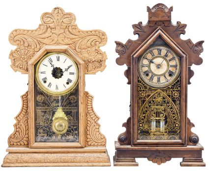 Clocks- 4 (Four): (1) Seth Thomas Clock Co., Thomaston, Conn., "College New York" shelf clock with a spring driven, 8 day, time and half hour strike movement in a walnut case, c1898; (2) E. N. Welch Mfg. Co., Forestville, Conn., "Donita" shelf clock with a spring driven, 8 day, time and half hour strike movement in a black walnut case, c1892; (3) E. N. Welch Mfg., Co., Forestville, Conn., unidentified shelf clock with a spring driven, 8 day, time and hour strike movement in an oak case, c1900. (4) Ansonia Clock Co., New York, unidentified shelf clock with a spring 8 day, time and half hour strike movement in a walnut case, c1900.