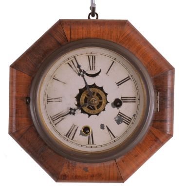 Clocks- 4 (Four): (1) Germany, 30 hour, weight brass movement cuckoo and quail wall clock, c1920 (2) English, 8 day, time and strike, spring brass lever movement gallery clock, c1935 (3) Unknown, American, 30 hour, time and alarm spring brass lever small gallery timepiece, c1865 (4) Smith, England, "Astral", 8 day, spring brass lever movement engine or ward room wall timepiece, c1935