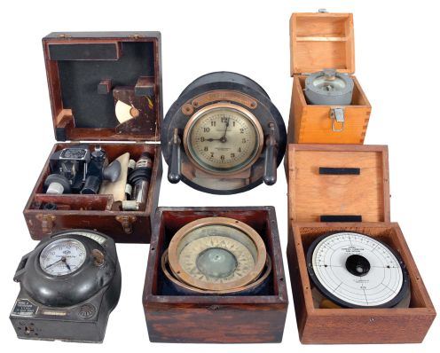 Navigational Instruments- 6 (Six) Navigational Instruments: lot includes a sextant by the Fairchild Aviation Corporation of New York, Sangamo Tachograph, Calculagraph, gimbaled compass by E. S. Ritchie & Sons of Boston, Darra compass corrector, and a Kelvin-White hand compass with integrated battery-powered light.