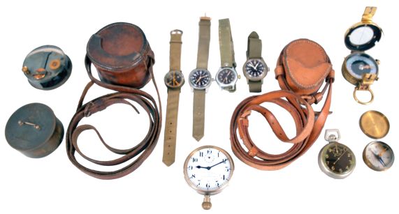 Military Accoutrements- 9 (Nine) Items: an assortment of small military items including a leather-cased brass compass by J.M. Glauser of London dated 1937, leather-cased pocket sextant signed Troughton & Simms of London dated 1915, a French military car clock, two small compasses, three wristwatches, and an Elgin jitterbug timer.