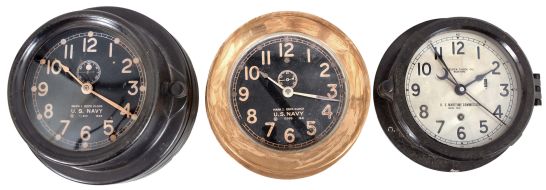 Clocks- 3 (Three) Chelsea Naval Clocks: (1) Chelsea Clock Co., Boston for U.S. Navy "Mark I, Deck Clock", 8 day, time only, spring-driven balance wheel movement with rear wind and set in a black phenolic case with mounting plate, serial 51328, dated 1943; (2) Chelsea Clock Co., Boston for U.S. Navy "Mark I, Deck Clock", 8 day, time only, spring-driven balance wheel movement with rear wind and set in a heavy brass case, serial 12999, dated 1941; (3) Chelsea Clock Co., Boston for U.S. Maritime Commission "Model 12E Deck Clock", 8 day, time only, spring-driven balance wheel movement with center seconds in a black phenolic case, serial 409424, c1943