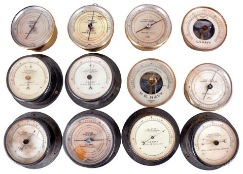 Barometers- 12 (Twelve) Barometers: 12 aneroid barometers for the U.S. Navy and U.S. Maritime Commission by Fee & Stemwedel of Chicago, Friez of Baltimore, and Taylor Instrument Companies of Rochester, New York.